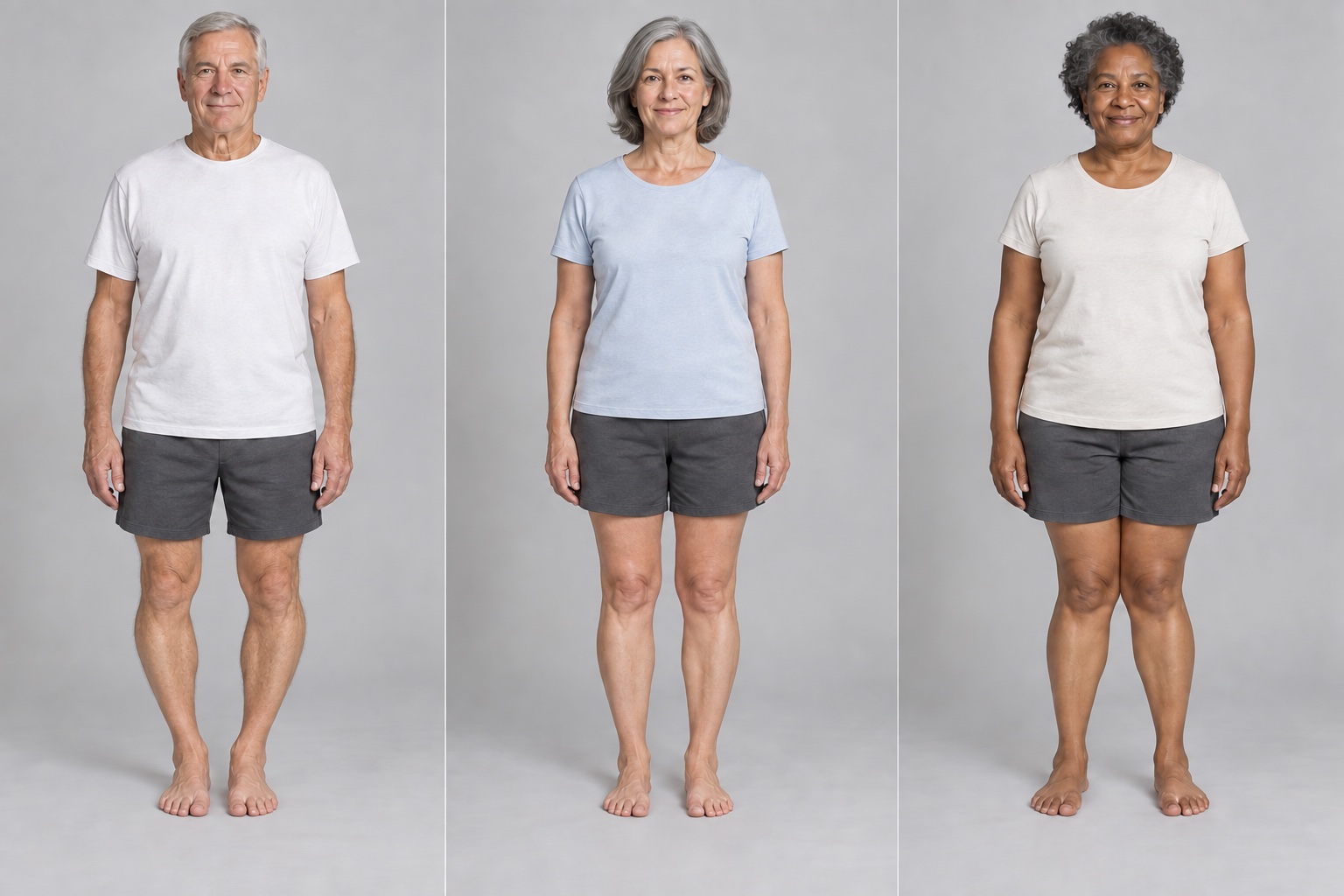 Three generated adult figures, viewed from the front: outward-bowed legs on the left, straighter legs in the middle, and inward-angled legs on the right.